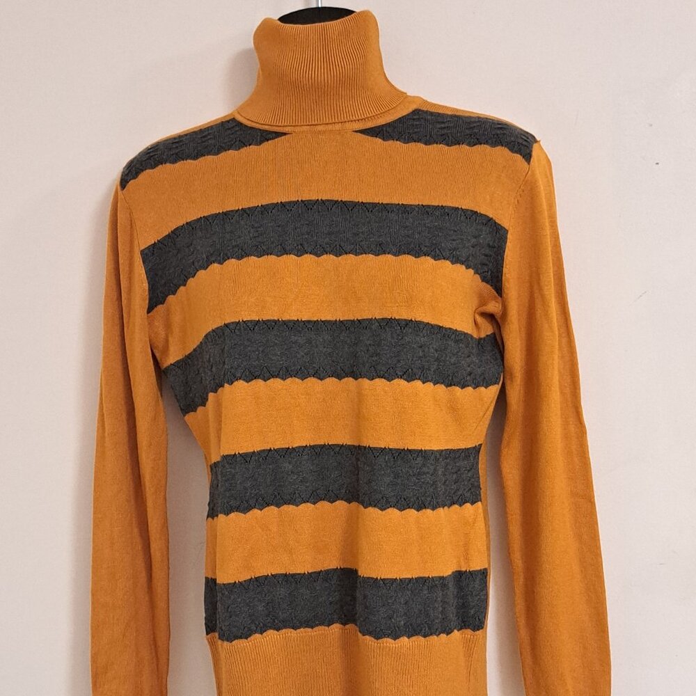 Allison + Zoe Tan and Grey Striped Turtleneck Misses Size Petite Small